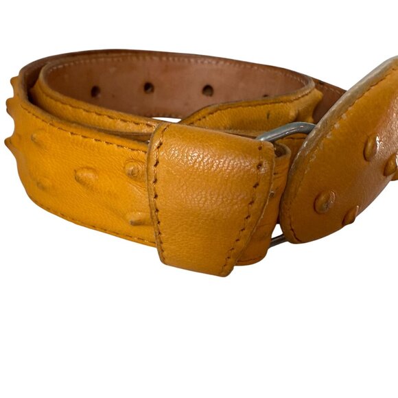 VTG Leather Ostrich Skin Belt Oval Buckle Men 24 Mustard Yellow Western Cowboy